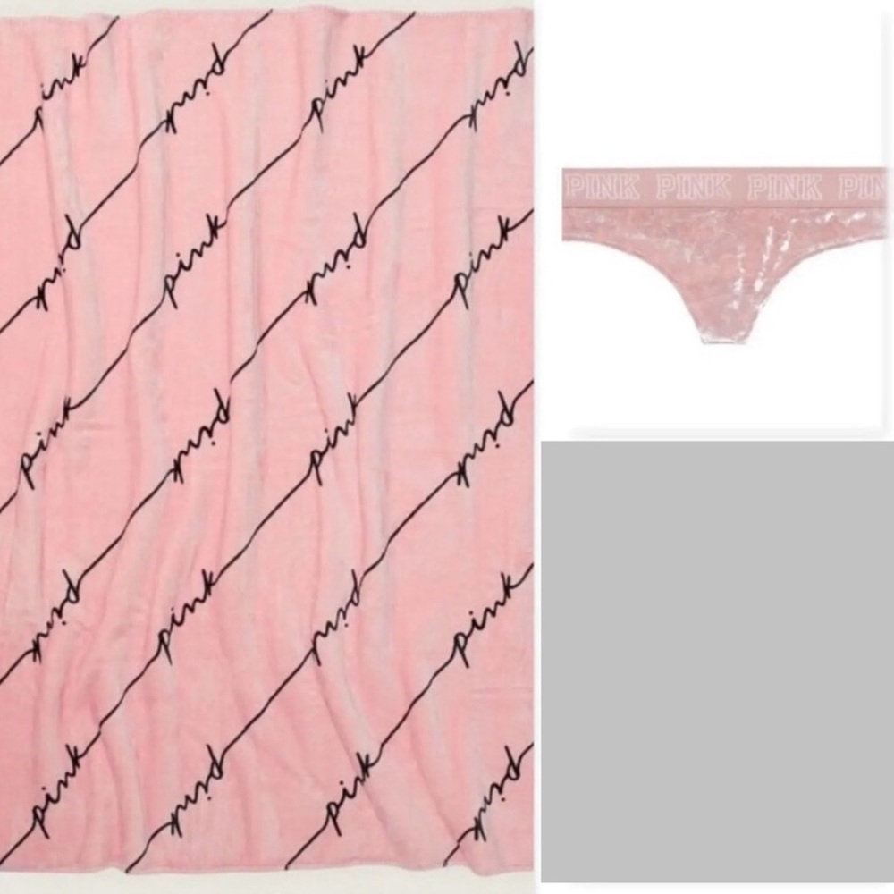 VICTORIA'S SECRET Pink Sherpa Fleece 50X60 Flannel Blanket Velvet Thong Panty